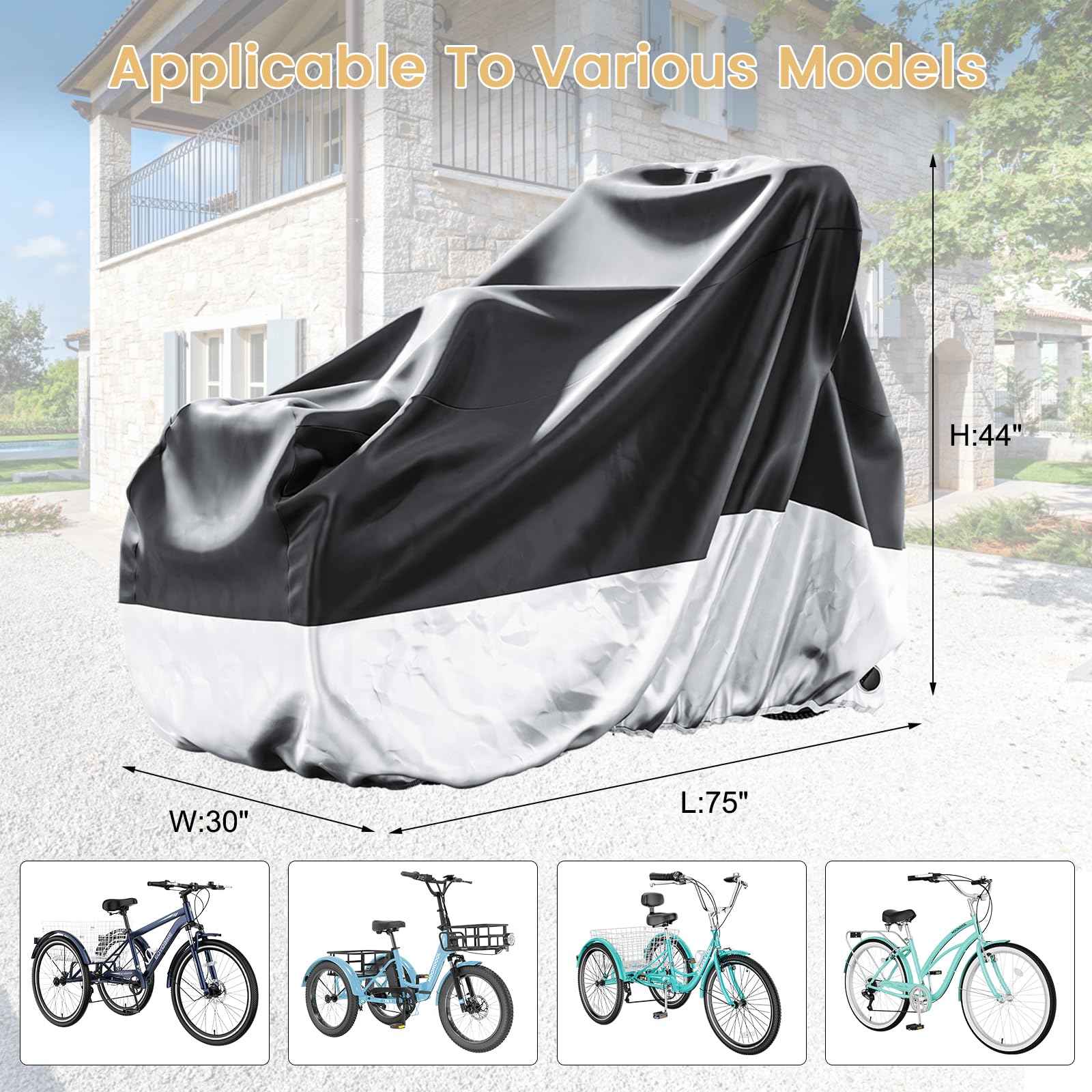 Waterproof Bike Cover for Tricycle & Bicycle, Outdoor Storage Cover with UV Protection, Lock Hole, Elastic Hem, Buckle Strap & Storage Bag, Fits Adult Trikes and Large Bikes