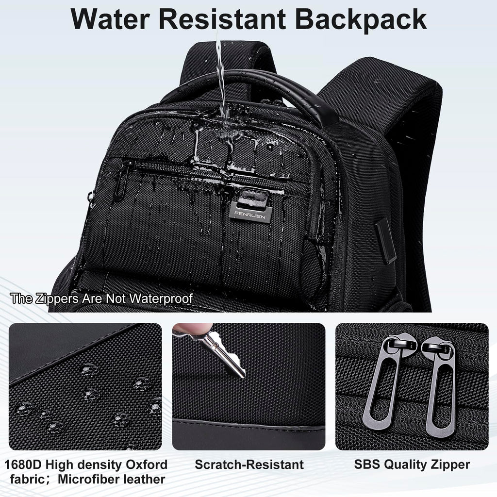 FENRUIEN Business Travel Backpack for Men,Large Capacity Laptop Backpack with USB Charging Port,Multifunctional Water Resistant Expandable Black Bag Fits 15.6 Inch computer