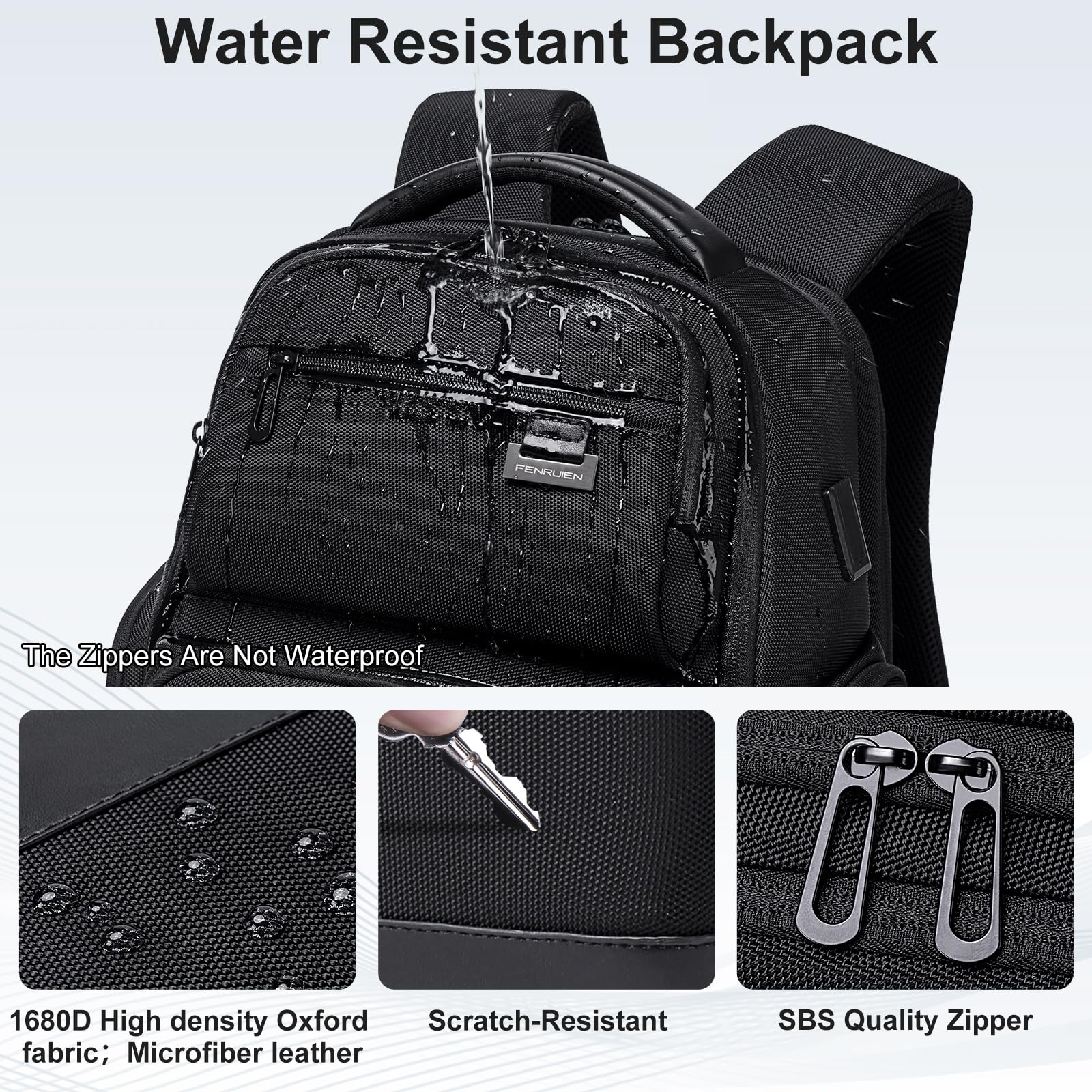 FENRUIEN Business Travel Backpack for Men,Large Capacity Laptop Backpack with USB Charging Port,Multifunctional Water Resistant Expandable Black Bag Fits 15.6 Inch computer
