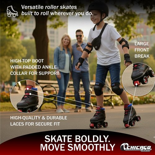 Chicago Skates Sidewalk Roller Skates – Durable, Top Performance Indoor/Outdoor Use Skate Shoes for Girls & Boys, High-Top Boot Safety Youth Quad Skates, 60mm PU Wheels, Adjustable Chassis & Trucks