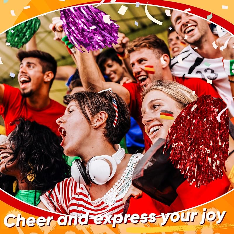 Multicolor 100 Pcs Metallic Cheerleading Pom Poms with Plastic Handles - 13in