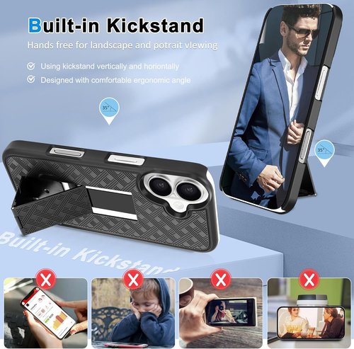 Fingic iPhone 17 Case - Slim Shockproof Holster with Kickstand | Rugged Black Full Body Protection