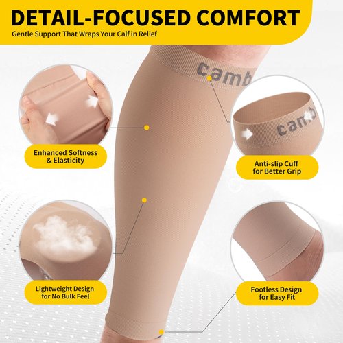 CAMBIVO Calf Compression Sleeve for Women & Men - 20-30mmHg Footless Compression Socks Support for Pain Relief, Varicose Vein (Pure Nude, Large)