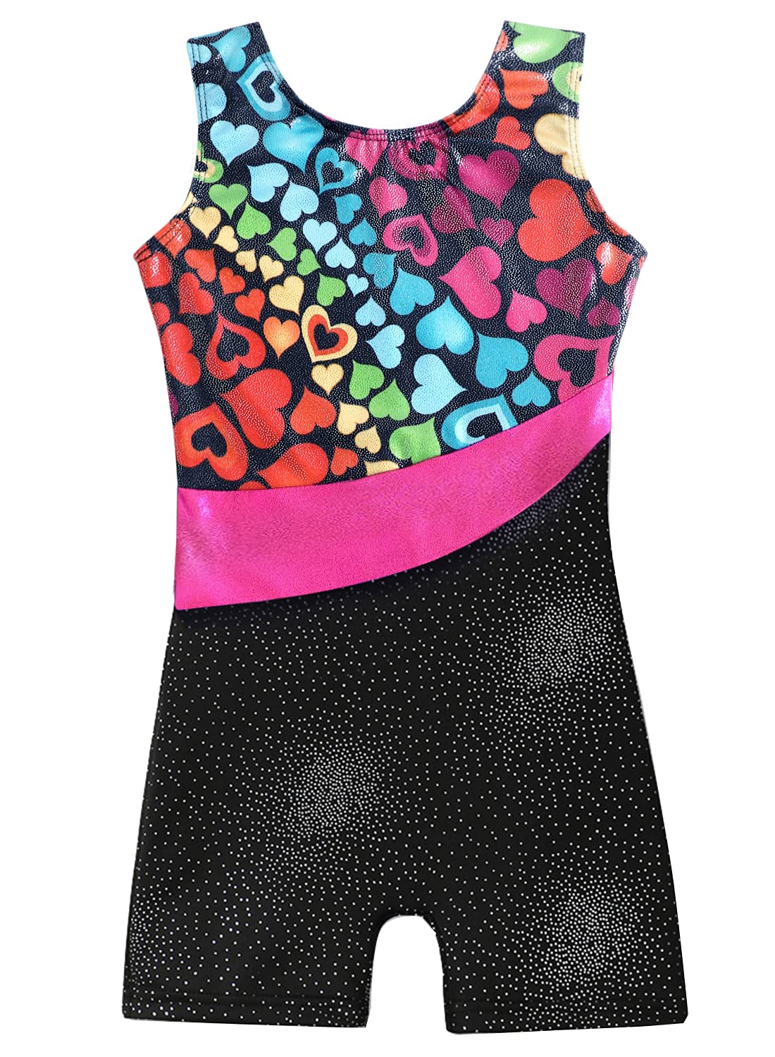 Leotards for Girls Gymnastics Ballet Dance Outfit size 6 7 Sparkle Colorful Hearts Sleeveless Biketards Hotpink Black (Rainbow Heart, 6-7 Years)