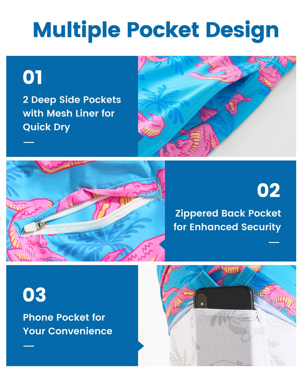 maamgic Mens Swim Trunks with Compression Liner 7 Inch Inseam Mens Bathing Suit Quick Dry Swimming Trunks Swimsuit Blue and Pink Crocodile XX-Large