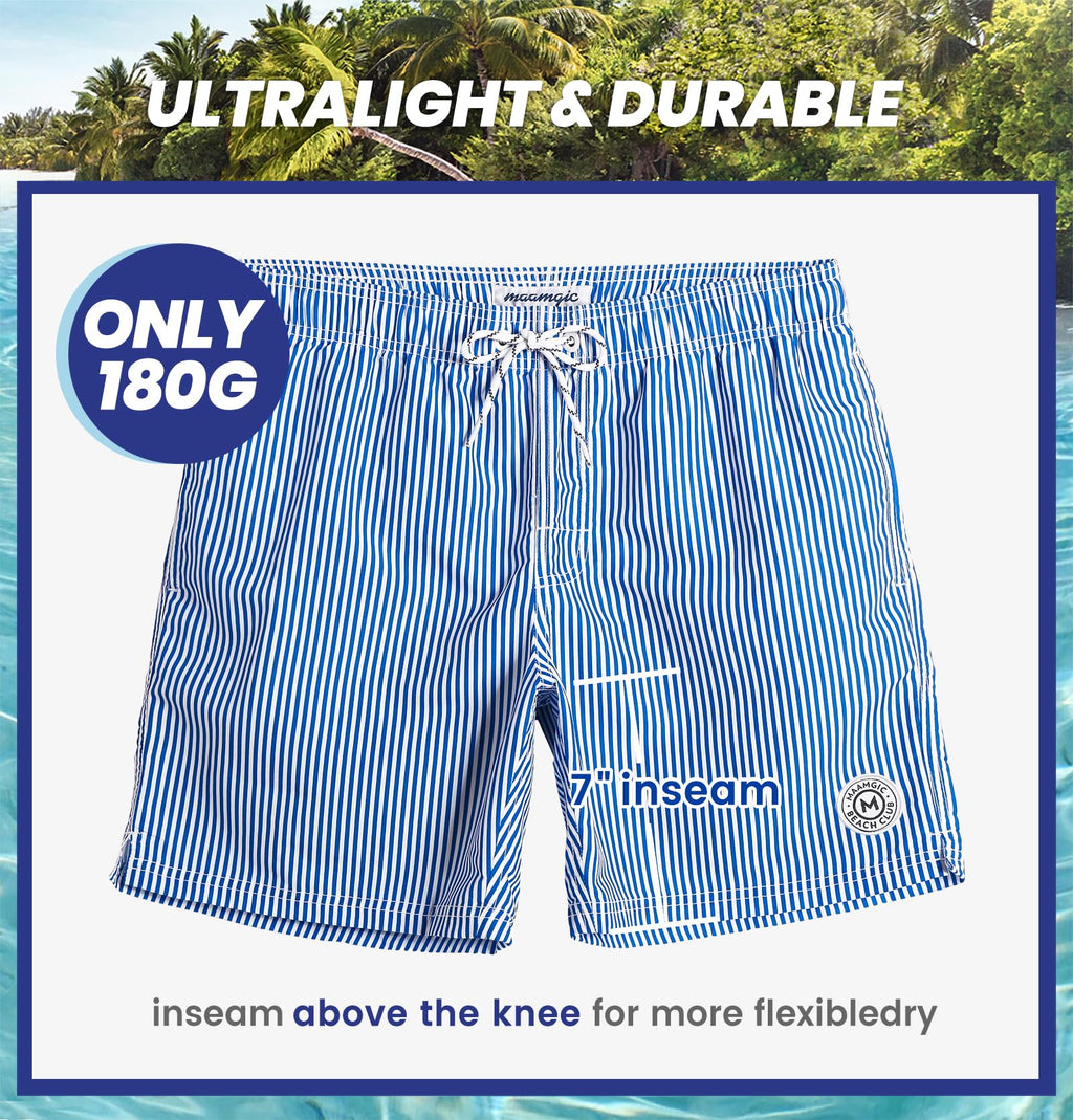maamgic Mens Swim Trunks Quick Dry Swim Shorts with Mesh Lining Funny Swimwear Bathing Suits 7inch Blue Striped Large