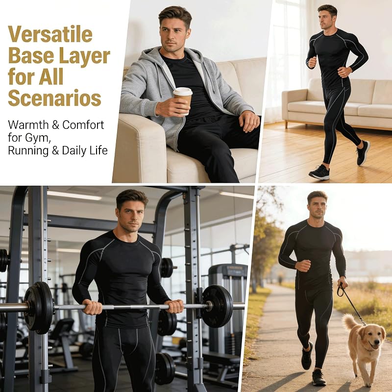 Men's Thermal Base Layer Set - Compression Shirt & Pants, 210 GSM Brushed Knit, Black, Large