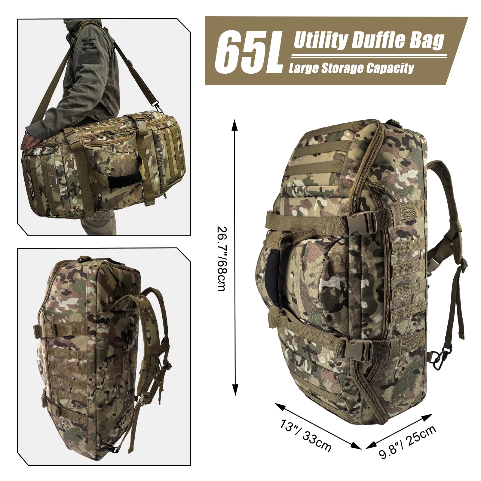 Hannibal Tactical 65L Large Duffle Bag, 3-in-1 Tactical Backpack MOLLE Pack for Sports, Gym, Outdoor, CP