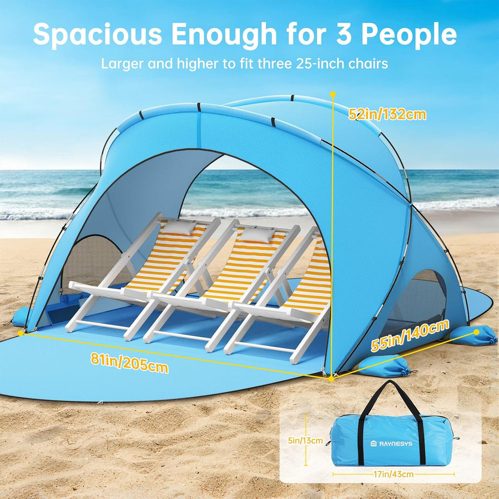 Raynesys Beach Tent - Portable Sun Shelter with UPF50+ UV Protection | Fits 1-3 People, Blue