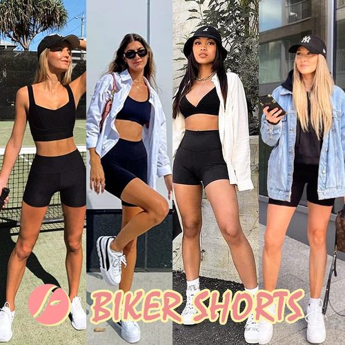 FULLSOFT Biker Shorts for Women - 4 Pack with Pockets | 5" High Waisted Tummy Control for Yoga & Gym