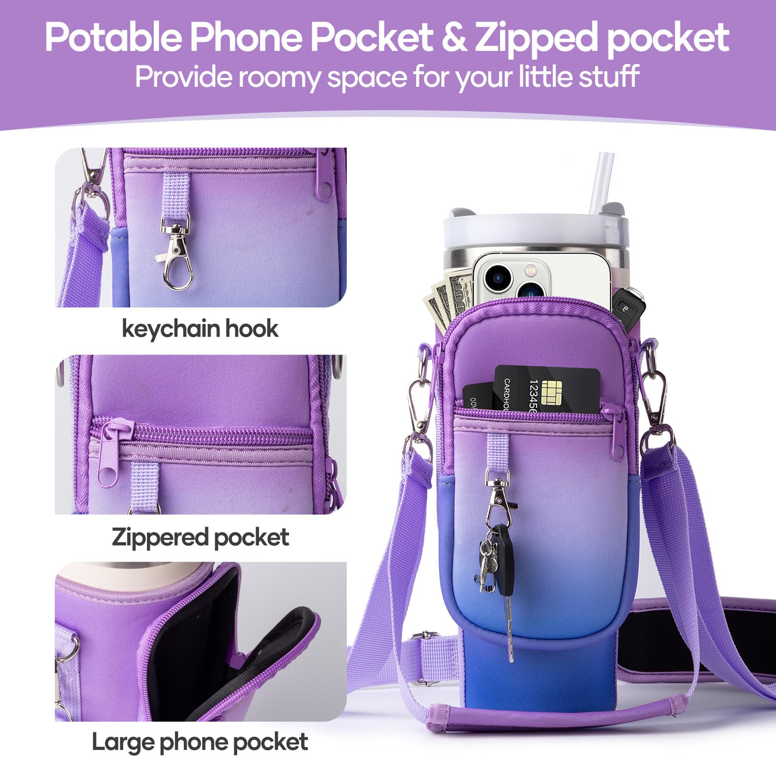 linmaya Water Bottle Carrier Bag for Stanley Cup 40/30oz with Phone Holder Pockets,Neoprene Water Bottle Cross-body Bag with Adjustable Shoulder & Hand Strap Stanley Cup Accessories