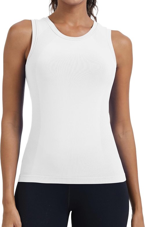 MathCat Women's Seamless Workout Tank Top - Built-In Bra & Sleeveless Design | White Athletic Yoga Shirt