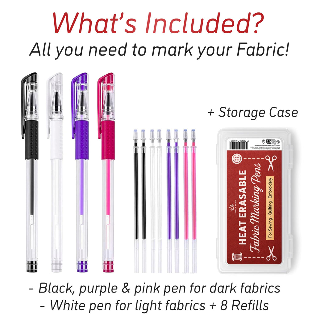 Lange & König Heat Erasable Fabric Marking Pens for Sewing - 4 Pens + 8 Refills - Sewing Supplies Quilting Supplies Table Accessories Embroidery Pen Tailors Chalk Alternative