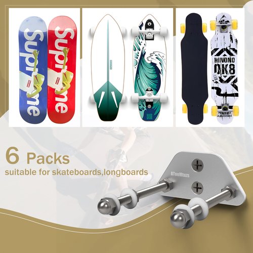 ATOOMTUZS Skateboard Wall Mount Display(6 Packs)-Aluminum Ramp Shape Skateboard Deck Wall Mount with Two Screw Holes for Horizontal and Vertical Hanging Skateboard Display Decor