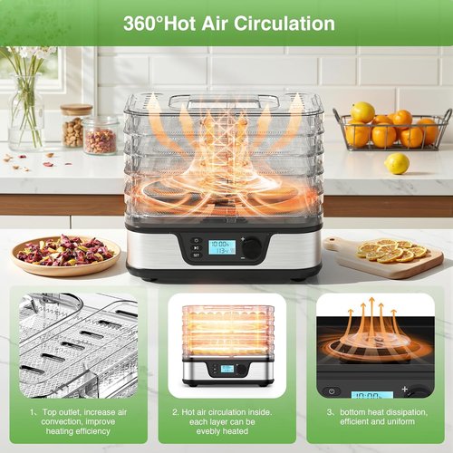 Electactic Food Dehydrator - 5 BPA-Free Stainless Steel Trays | Adjustable Temp & 72H Timer for Jerky, Fruits, Veggies