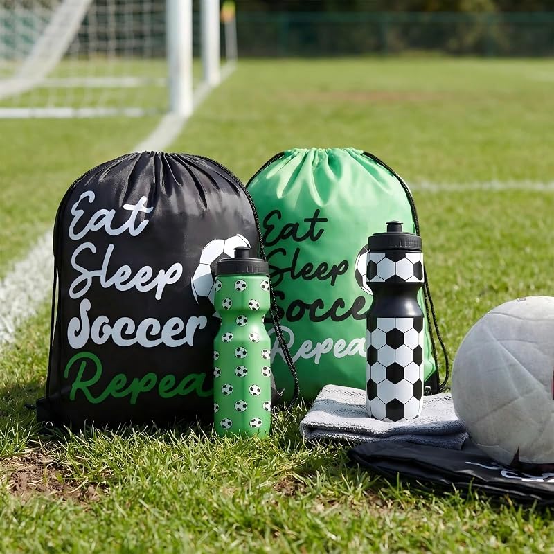 12 Soccer Water Bottles & 12 Drawstring Bags Set - 24 oz Sports Bottle with 13x17 in Bag - Leaks-Proof, Ideal for Soccer Events