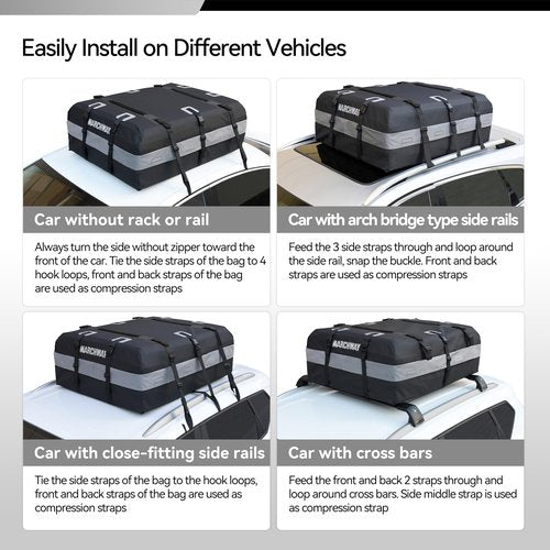 MARCHWAY Waterproof Car Roof Luggage Bag, Weatherproof Soft Shell Rooftop Cargo Carrier Bag for Vehicles with or Without Rack. 6 Door Hooks, Anti Slip Mat, Lock Included (21 Cubic Feet, Black)
