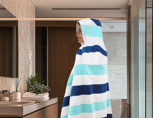 COTTON CRAFT Oversized Hooded Beach Towel - 39 x 68 Super Soft 100% Cotton Velour - Quick Dry Cabana Stripe Blue