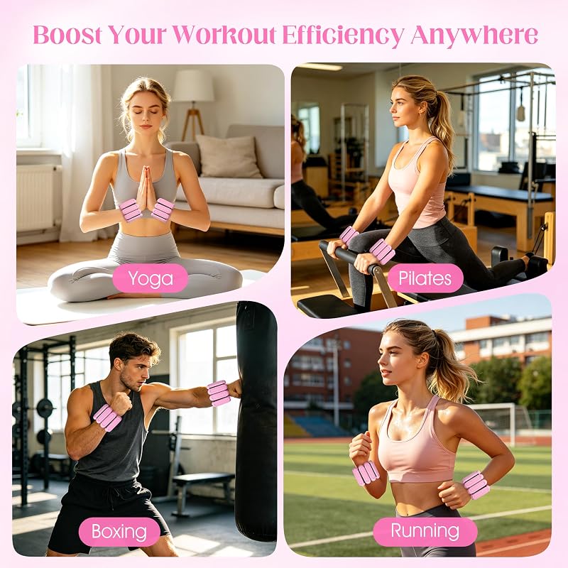 2lb Silicone Wrist & Ankle Weights - Removable Steel Blocks, Adjustable, Pink
