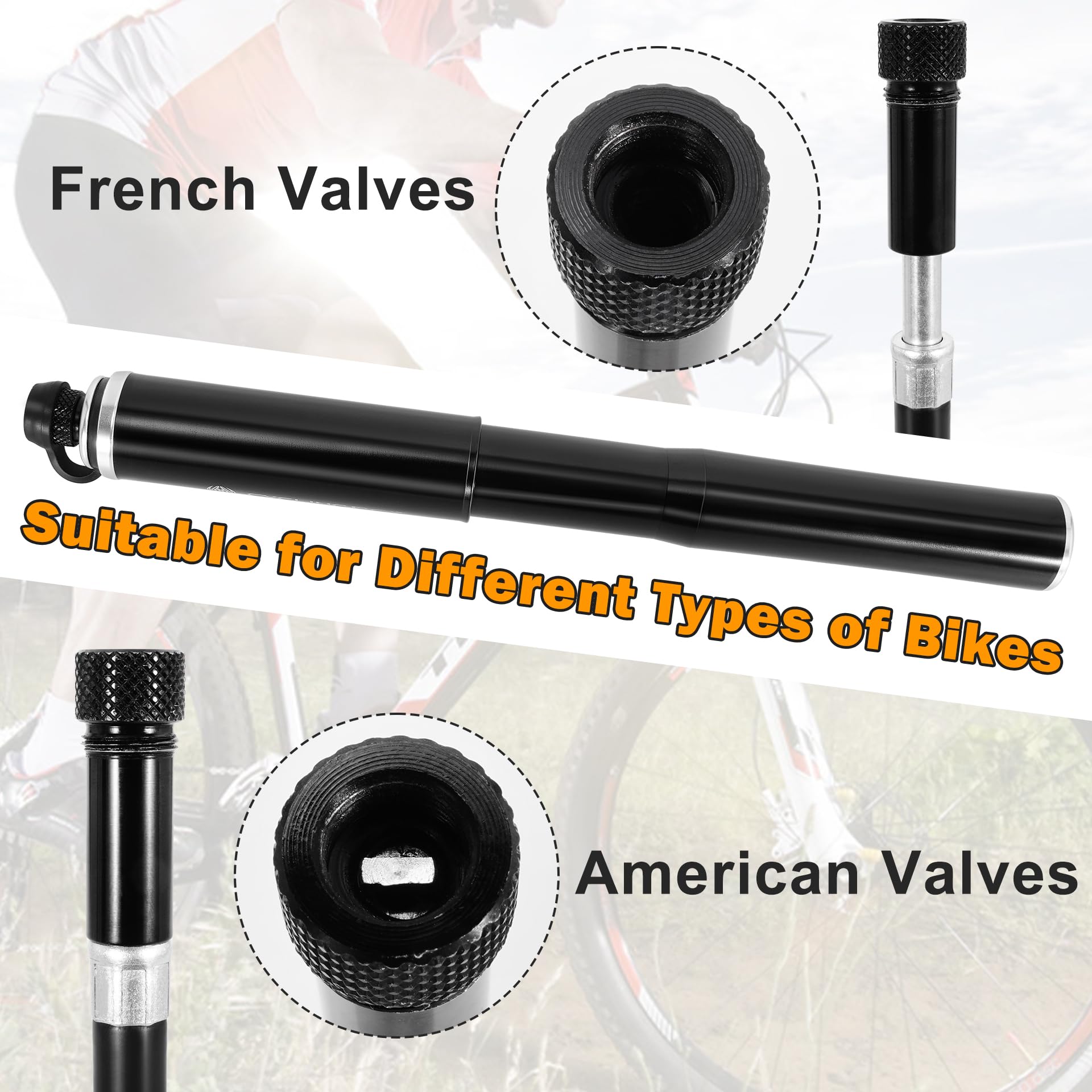 RUTU Bike Pump Portable - Mini Bike Pump 120PSI - Made of 6061 CNC Aluminum Alloy - Compatible with Presta & Schrader Valves - Includes Bike Frame Mount & Tire Repair Kit