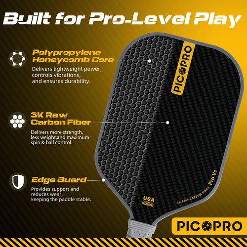 PicoPro Raw Carbon Fiber Pickleball Paddle Professional Pickle Ball Racket Superior Spin Control 16mm Lightweight