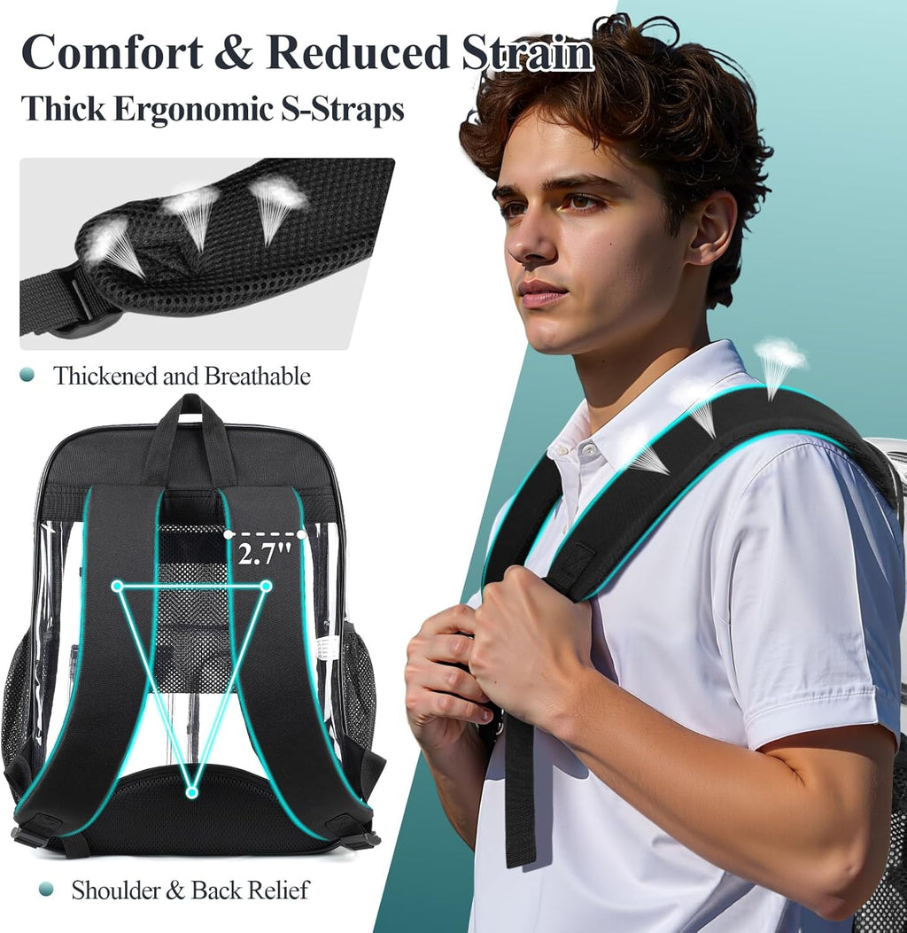 PACKISM Clear Backpack - 18 Inch Heavy Duty Transparent School Bag with 3 Front Pockets, Black