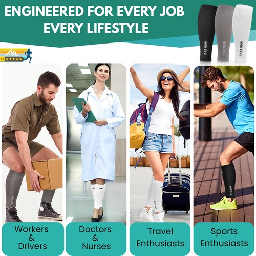 NEWZILL Calf Compression Sleeve for Men & Women | Footless Compression Socks for Shin Splint Relief, Varicose Veins | Leg Sleeve for Running, Travel, Nursing, Fitness (Black/White/Grey 3Pairs L/XL)