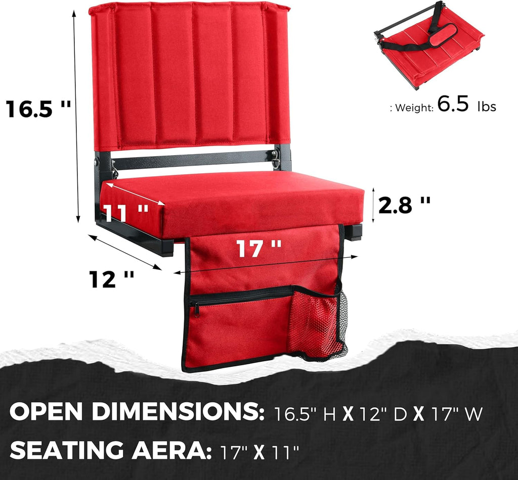 Sport Beats Stadium Seats - Comfortable Bleacher Chair with Back Support & Cushion | Red, 1pc Regular - 17" W x 12" D x 16.5" H