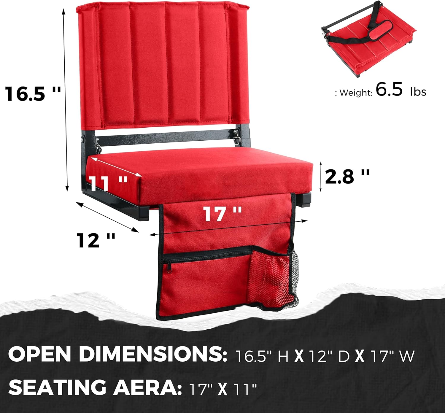 Sport Beats Stadium Seats - Comfortable Bleacher Chair with Back Support & Cushion | Red, 1pc Regular - 17" W x 12" D x 16.5" H