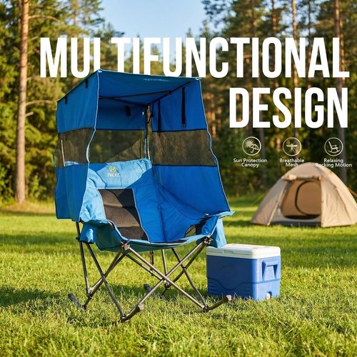 Nice C Rocking Camping Chair - XL Oversized Folding Rocker with Canopy & Cup Holder | Blue