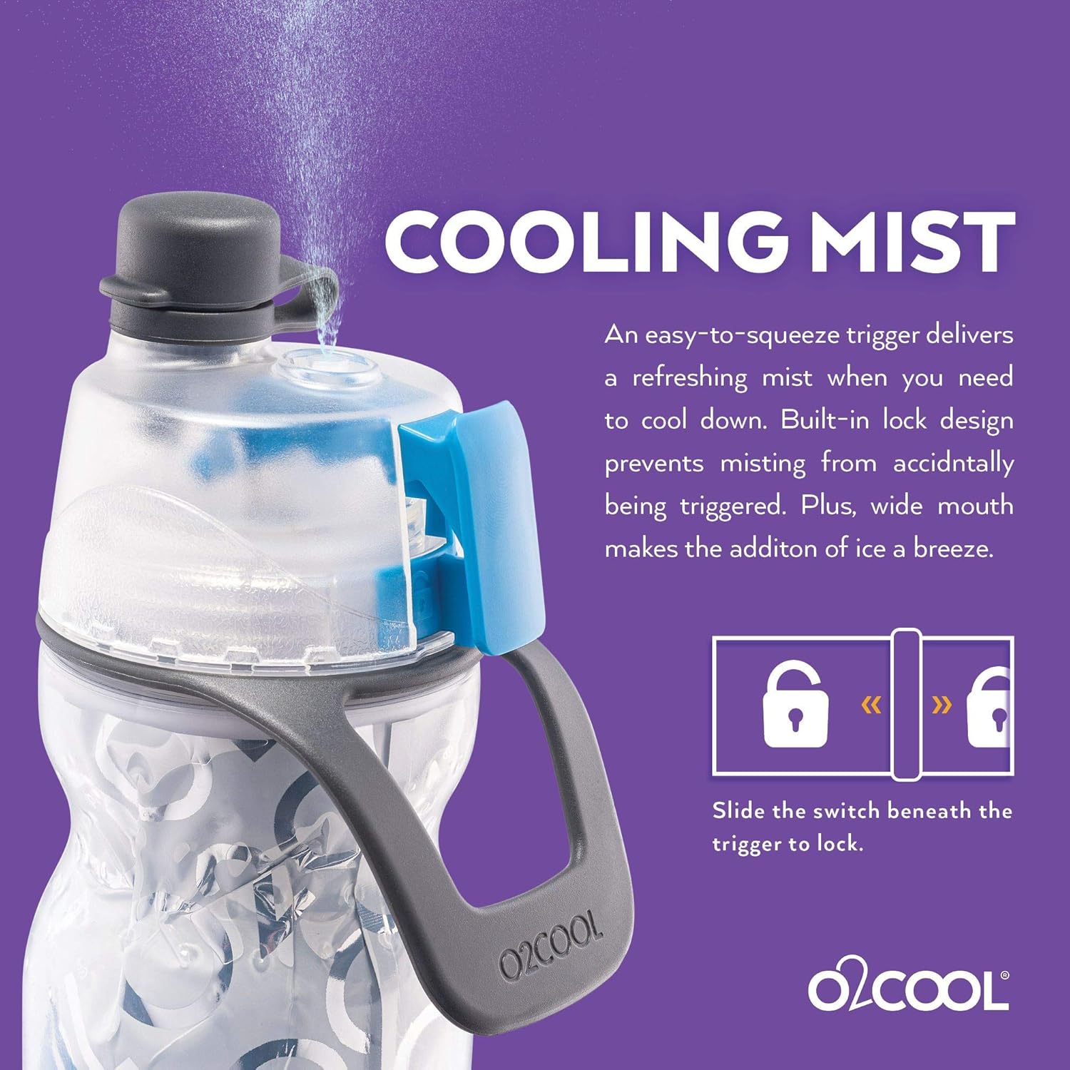 O2COOL Misting Water Bottle - 2-in-1 Mist & Sip Function, No Leak Pull Top Spout - 20 oz Tie Dye/Celestial Purple