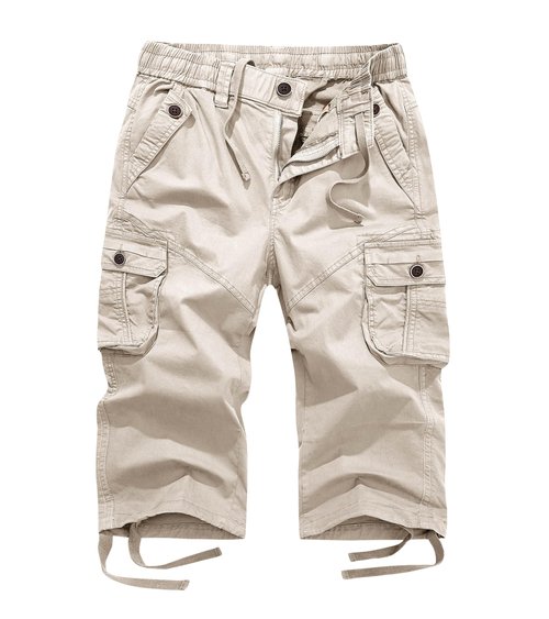 FOURSTEEDS Women's Mid Rise Cotton Capri Hiking Shorts Drawstring Multi Pocket Cargo Shorts Elastic Waist Cropped Cargo Pants Light Khaki L