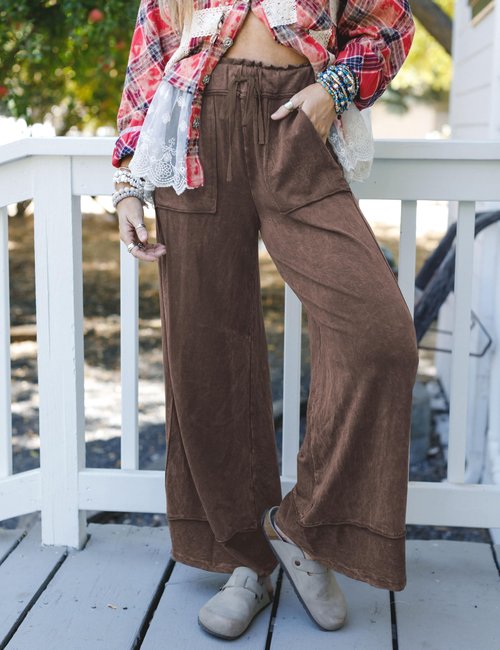 Athlisan Womens Casual Wide Leg Sweatpants Acid Wash Elastic Waisted Palazzo Pants Trousers with Pockets(Coffee-L)