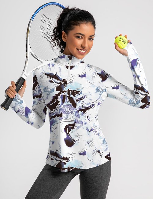 IECCP Womens Long Sleeve Sun Shirts 1/4 Zip UV SPF 50+ Sun Protection Quick Dry Athletic Polo Shirts Lightweight Breathable Running Workout Tops with Watch Hole (White Marble Texture,L)