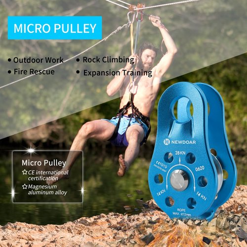 NewDoar Fixed Plate Micro Pulley,28KN CE Certified General Purpose Small Aluminum Rope Pulleys for Climbing/Aloft Work/Rappelling/Rescue Etc(28KN Blue 1pcs)