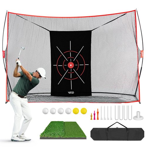 10x7ft Golf Practice Net for Backyard Driving, All-in-1 Outdoor Indoor Hitting Net, Mat, 7 Tees, 6 Balls for Training, Golf Gifts for Men Dad Him Golfer