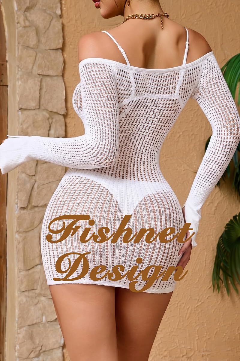 White Off-Shoulder Mesh Swimsuit Cover-Up for Women - Sexy Beach Mini Dress