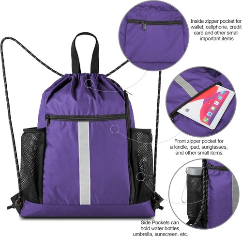 BeeGreen Gym Backpack - Lightweight Purple String Bag with Shoe Compartment & 2 Water Bottle Holders