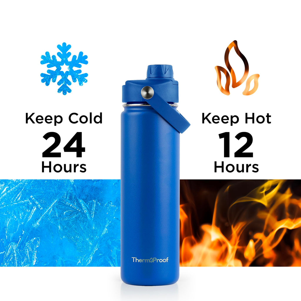 ThermoProof Double-Walled Vacuum Insulated Stainless Steel Water Bottle - Wide Mouth with Chug & Spout Lids, Dishwasher Safe, Reusable, Leakproof, Hot & Cold for Men, Women & Kids - 22oz, Blue