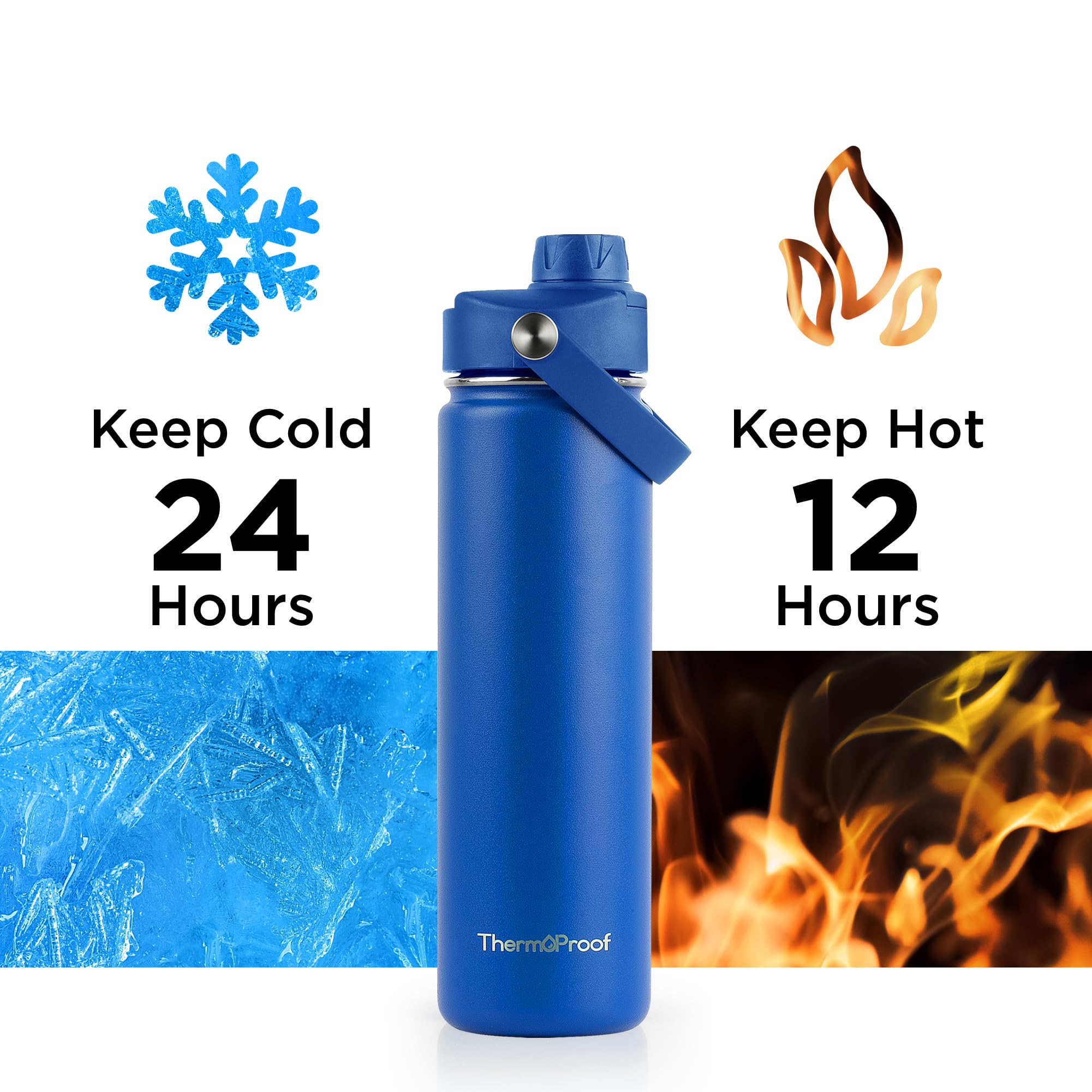 ThermoProof Double-Walled Vacuum Insulated Stainless Steel Water Bottle - Wide Mouth with Chug & Spout Lids, Dishwasher Safe, Reusable, Leakproof, Hot & Cold for Men, Women & Kids - 22oz, Blue