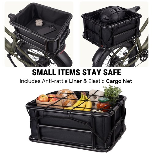 Electric Bike Rear Basket Heavy Duty Steel Frame with Net and Liner, RoakyRoasy 23L Large Capacity Back Rack Mounted Cargo Carrier for Ebike, Superior Deformation Resistance