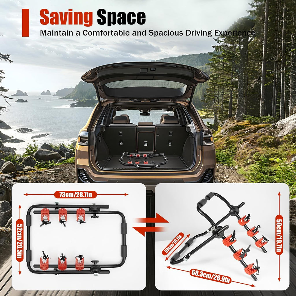 YIYIBYUS 3 Bike Rack Trunk Mount Rack, Foldable Vehicle Bicycle Carrier for Most Cars SUV Sedan Hatchback Minivan, w/Adjustable Straps
