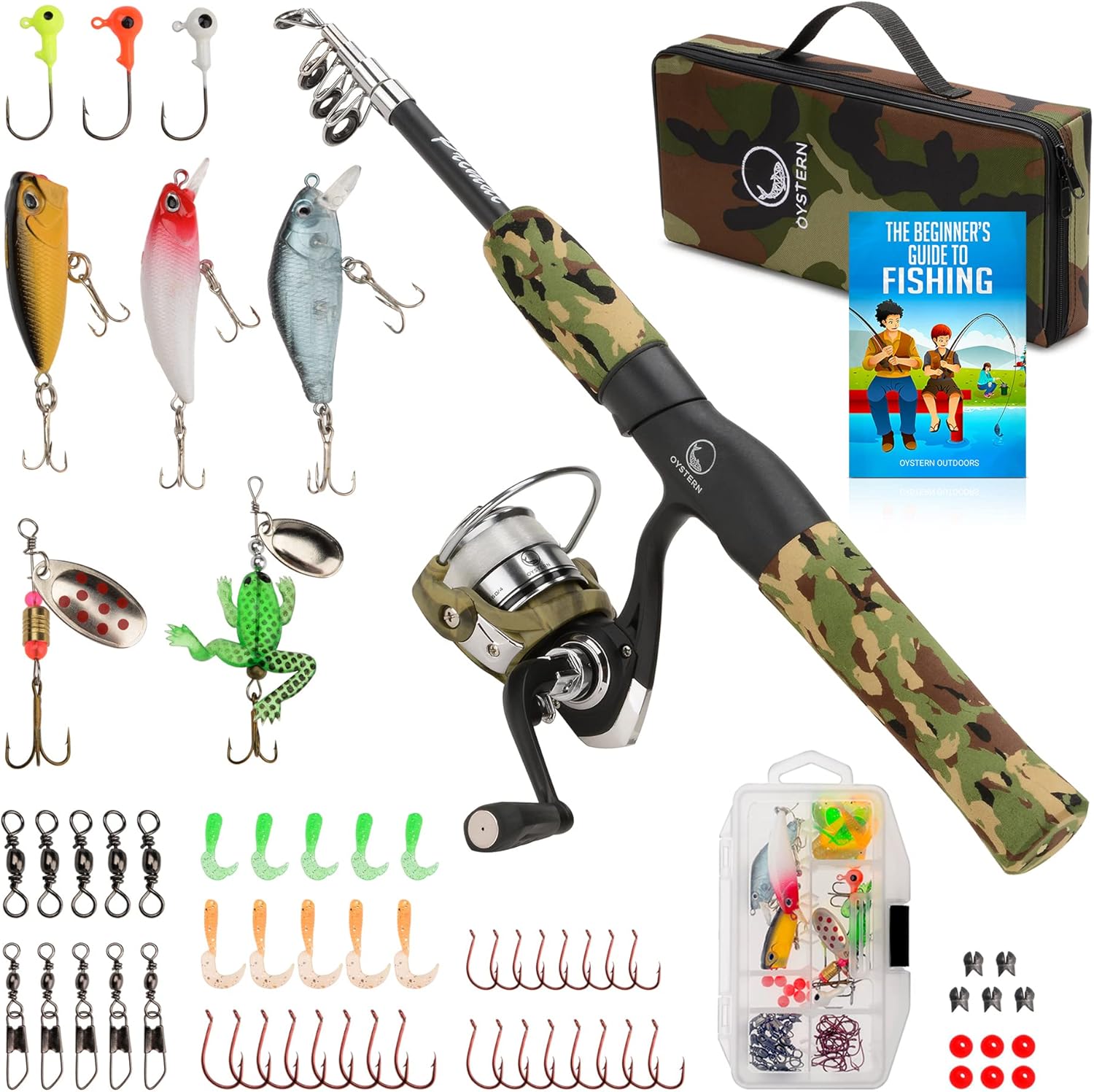 Skiennix Kid's Fishing Pole Kit | 62-Piece Tackle Bag & Beginner's Guide eBook - Portable Telescopic Rod