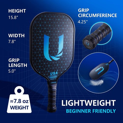 Uteeqe Pickleball Paddles Set of 2, Graphite, Thermoformed One-Mold, Semi-Textured for Extra Grit & Spin, Lightweight, USAPA Approved, Non-Slip, 4.25-Inch Grip, 4 Outdoor Balls & Carry Bag