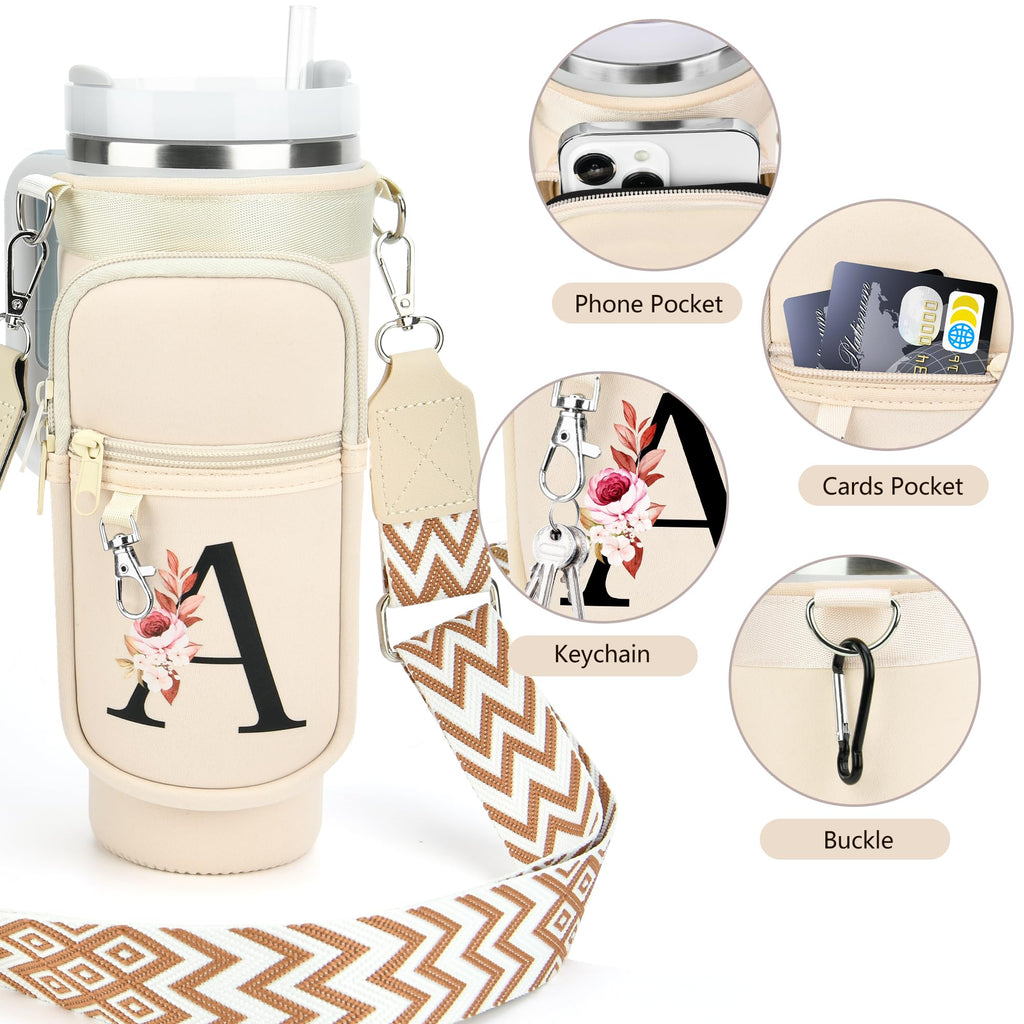 LOKASS Personalized Water Bottle Holder with Strap for Stanley Cup Accessories 40 oz, Initial Stanley Cup Holder Carrier Bag with Phone Pocket, Stylish Tumbler Accessories for Everyday Carry, Beige G