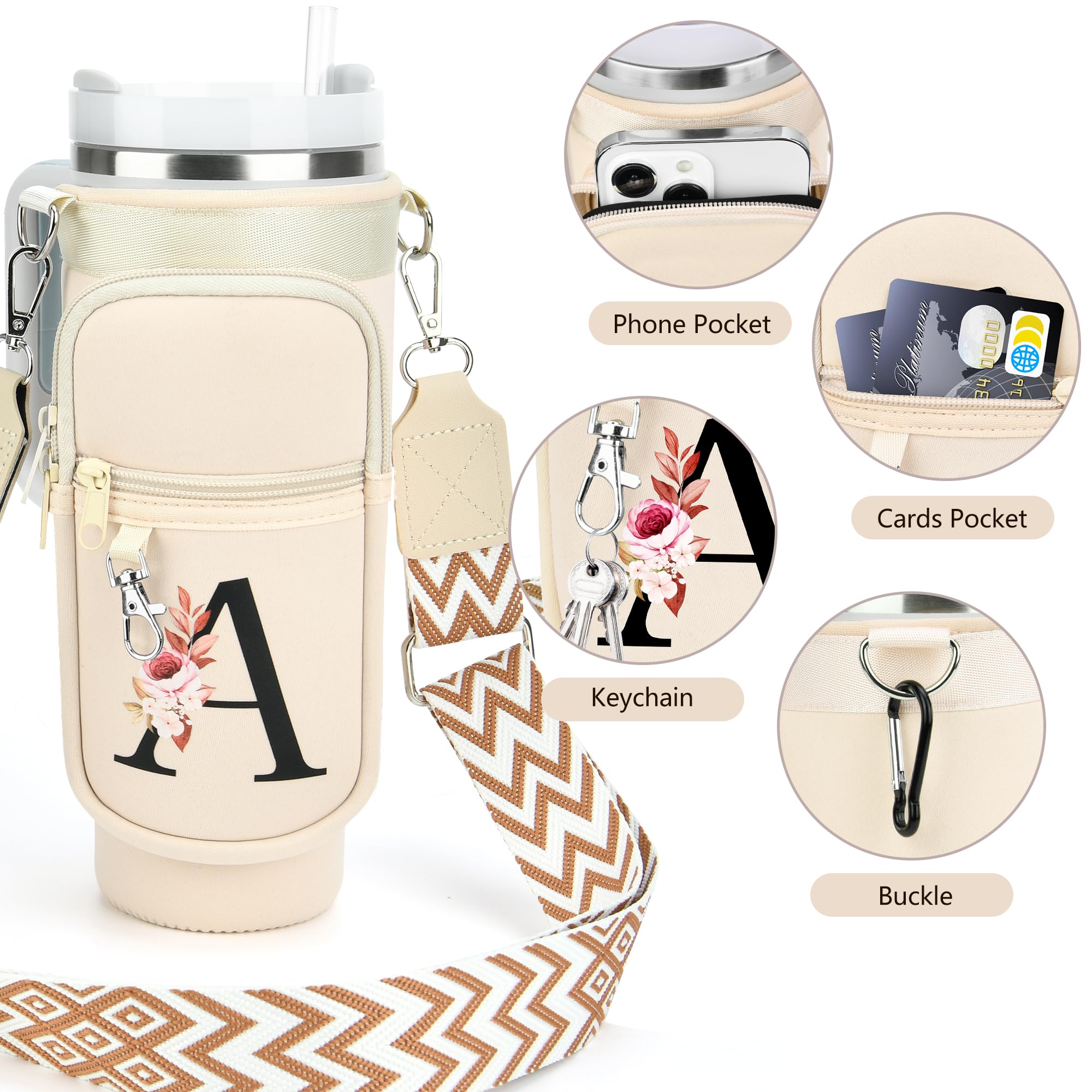 LOKASS Personalized Water Bottle Holder with Strap for Stanley Cup Accessories 40 oz, Initial Stanley Cup Holder Carrier Bag with Phone Pocket, Stylish Tumbler Accessories for Everyday Carry, Beige G