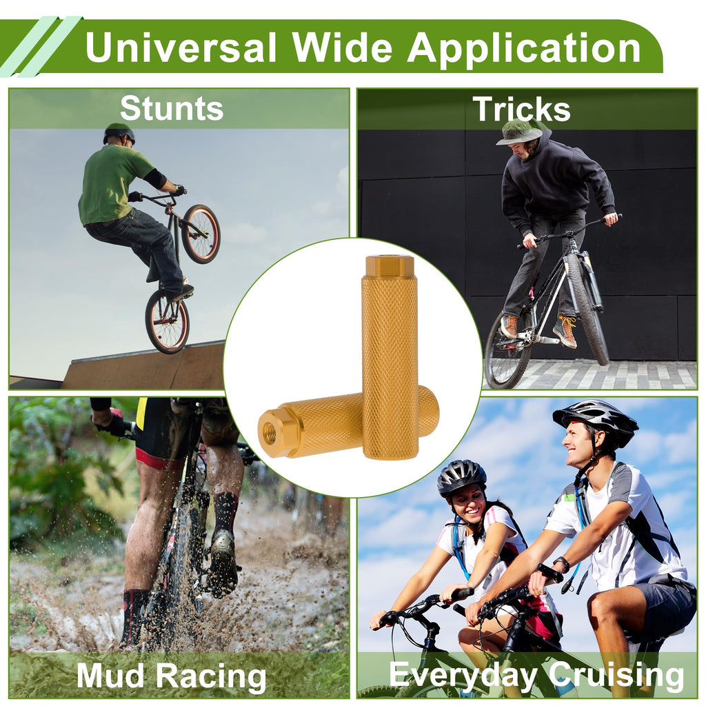 PARSLUCK 4 Pcs Aluminum Alloy Anti-Skid Bike Pegs 100mm Length Bicycle Backseats Stands Cycling Foot Pegs 3/8 Inch Axles Gold Tone