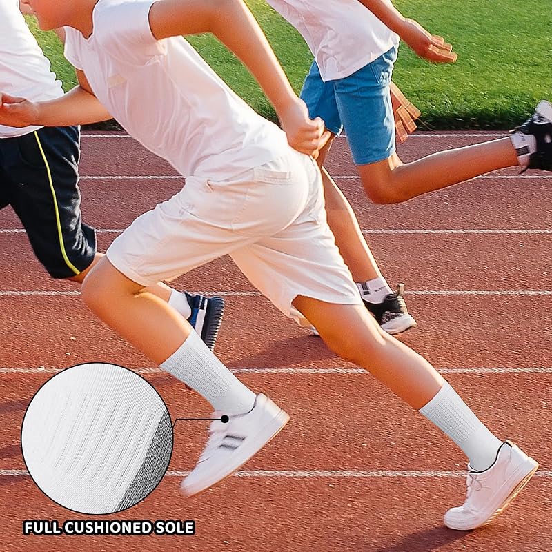 BOOPH Kids Crew Socks Thick Cotton Athletic 5-14 Years - White, 10-14 Years