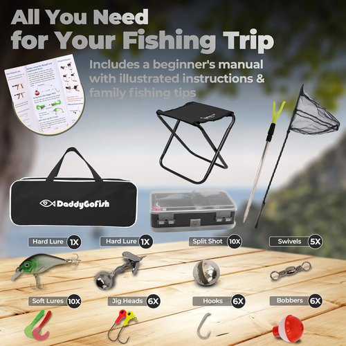 DaddyGoFish Kids Fishing Pole - Rod Reel Combo Tackle Box Starter Set - First Year Small Dock Gear Kit for Boys Girls Toddler Youth Age Beginner Little Children Junior Anglers