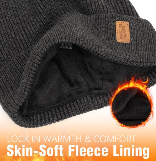 Wmcaps Merino Wool Fleece Lined Beanie Winter Hats for Men Women, Warm Thermal Kint Cap for Outdoor Black